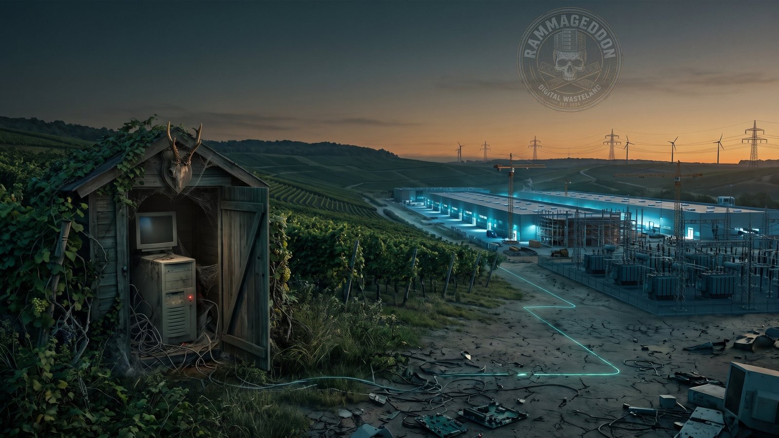 Abenddämmerung in den Weinbergen Rheinhessens: Links eine verwilderte Holzhütte mit Rehgehörn am Giebel, darin ein verstaubter alter PC mit roter Warnleuchte. Rechts ein hell beleuchteter Rechenzentrumscampus im Bau mit Kränen, Umspannwerk, Strommasten und Windrädern. Dazwischen rissiger Boden voller Kabelreste und eine leuchtende Linie, die die Hütte nicht erreicht.