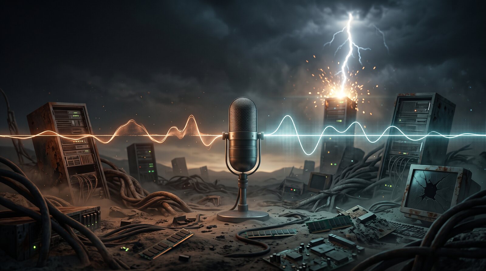 A vintage microphone in a landscape of decayed IT hardware, an audio wave shifting from warm to digital, and in the background a bolt of lightning striking a server rack.