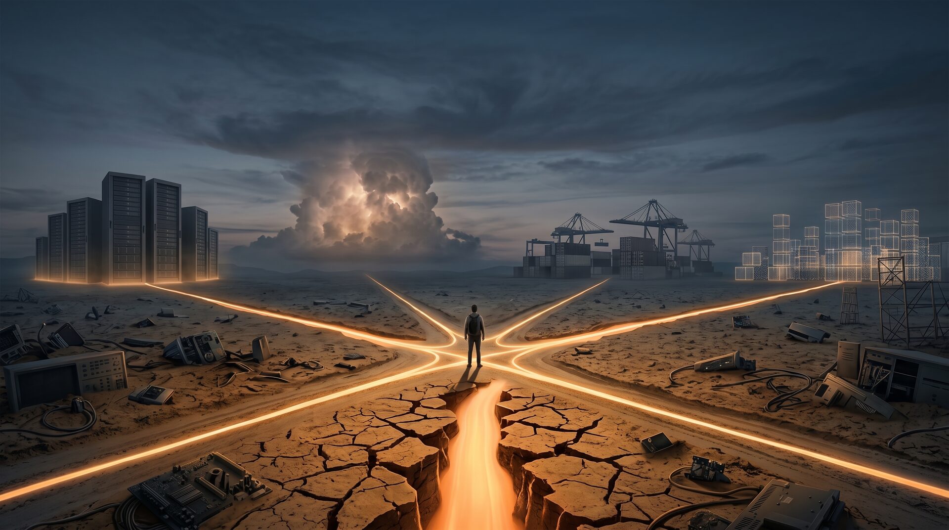 Eine Person steht an einer Wegkreuzung in einer Ödnis; leuchtende Linien verbinden Server-Racks, eine Wolke, einen Containerhafen und virtuelle Würfel am Horizont.