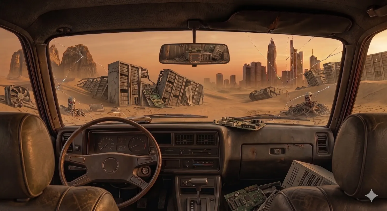 View from a derelict vehicle onto toppled server racks