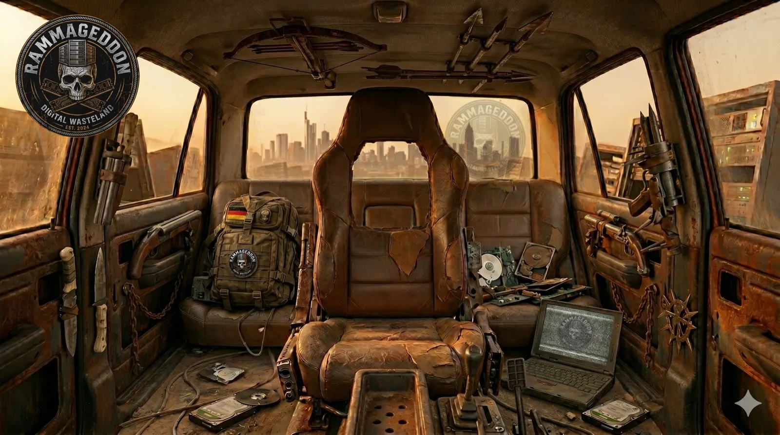 Interior of a gutted vehicle full of hardware scrap