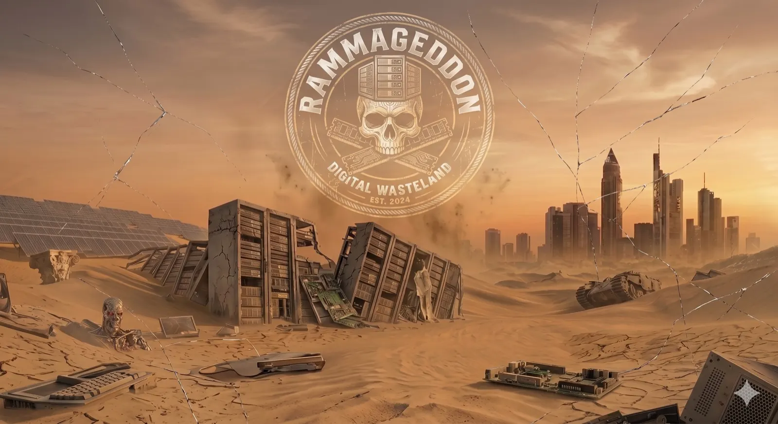 RAMmageddon key visual: toppled server racks in the desert before the Frankfurt skyline