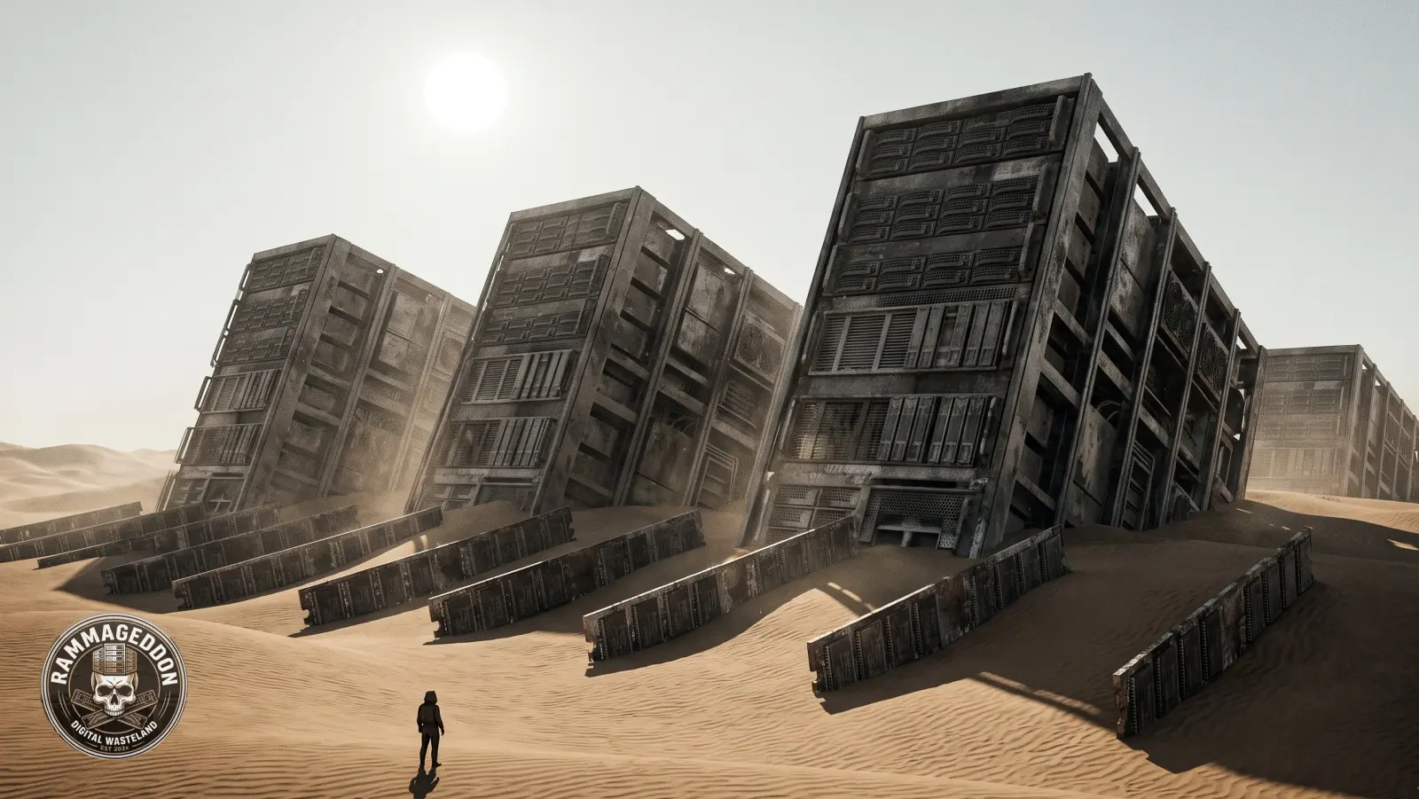 Server racks sinking into desert sand, RAM modules standing like gravestones and a lone figure before them